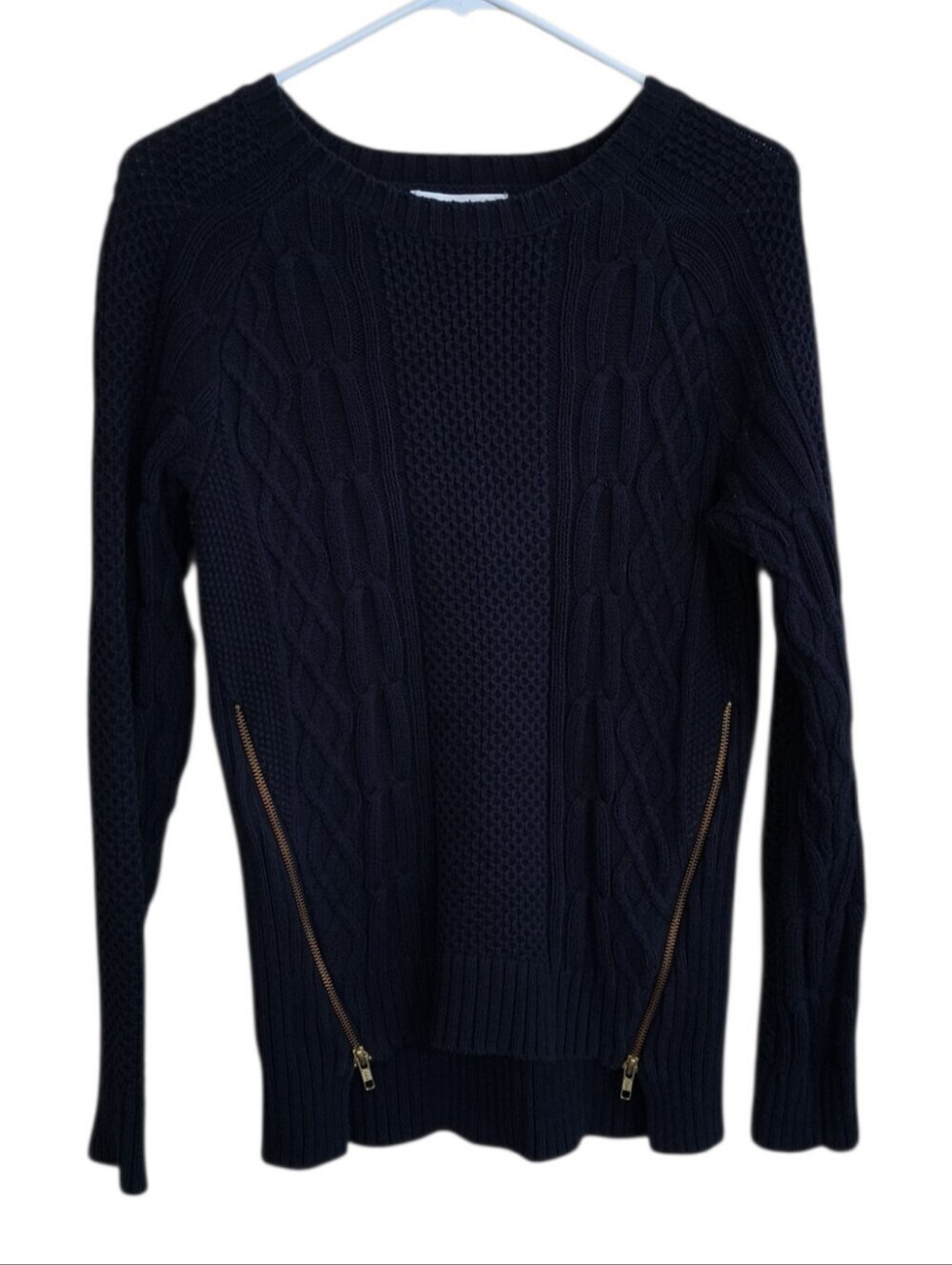 CAbi Style #899 Cotton Cable Knit Navy Crew Neck Pullover Sweater Size S